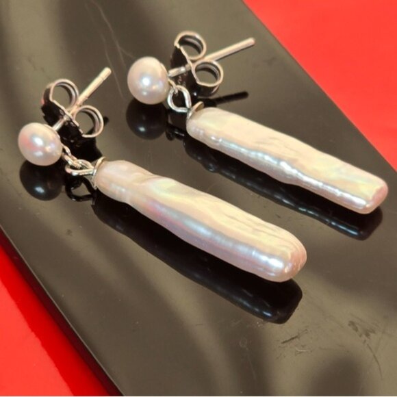925 Sterling Silver Dangling Earrings with   Cultured Freshwater White Pearls. - Picture 6 of 8